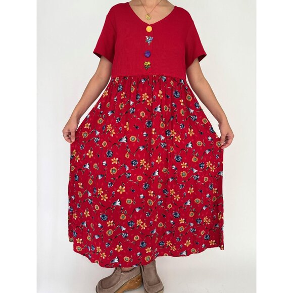 90s vintage red novelty floral print cottage kitschy ribbed casual maxi dress - Picture 2 of 9